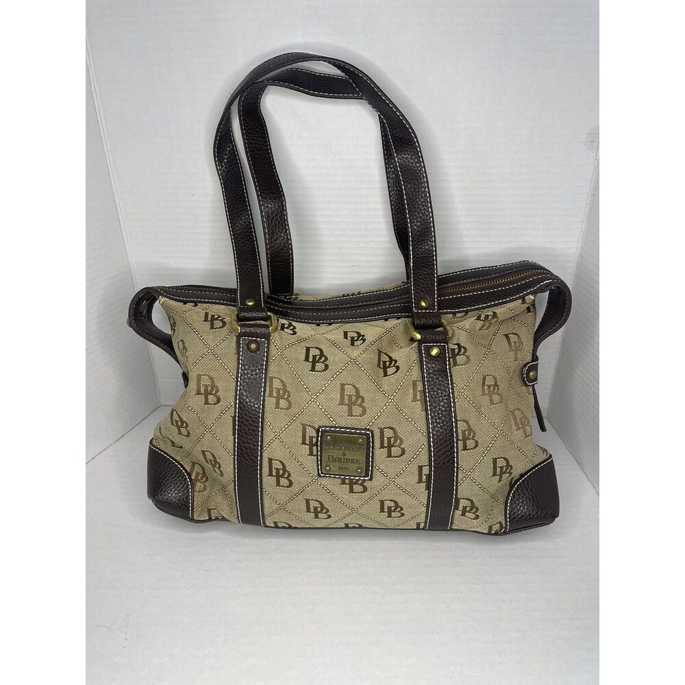 Vintage Dooney & Bourke Monogram Tan Canvas W/ Brown Leather Trim Shoulder Bag